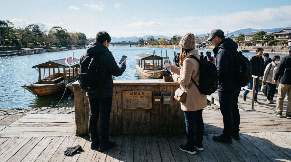 Ticket counter and boarding line at the Kameoka dock for Hozugawa river boat ride tickets, Kyoto, Japan
