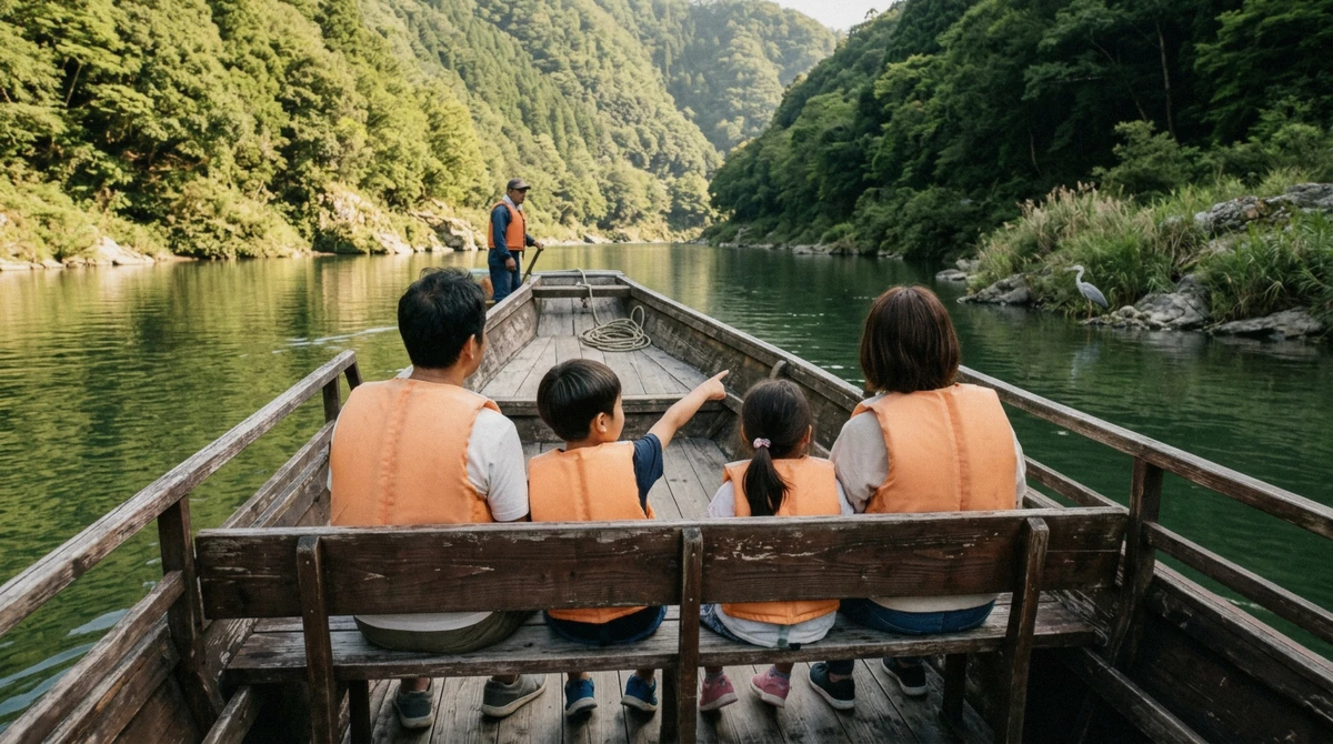 Small child in a life jacket seated between parents on a Hozugawa river boat ride with kids through the Hozukyo Gorge, Kyoto